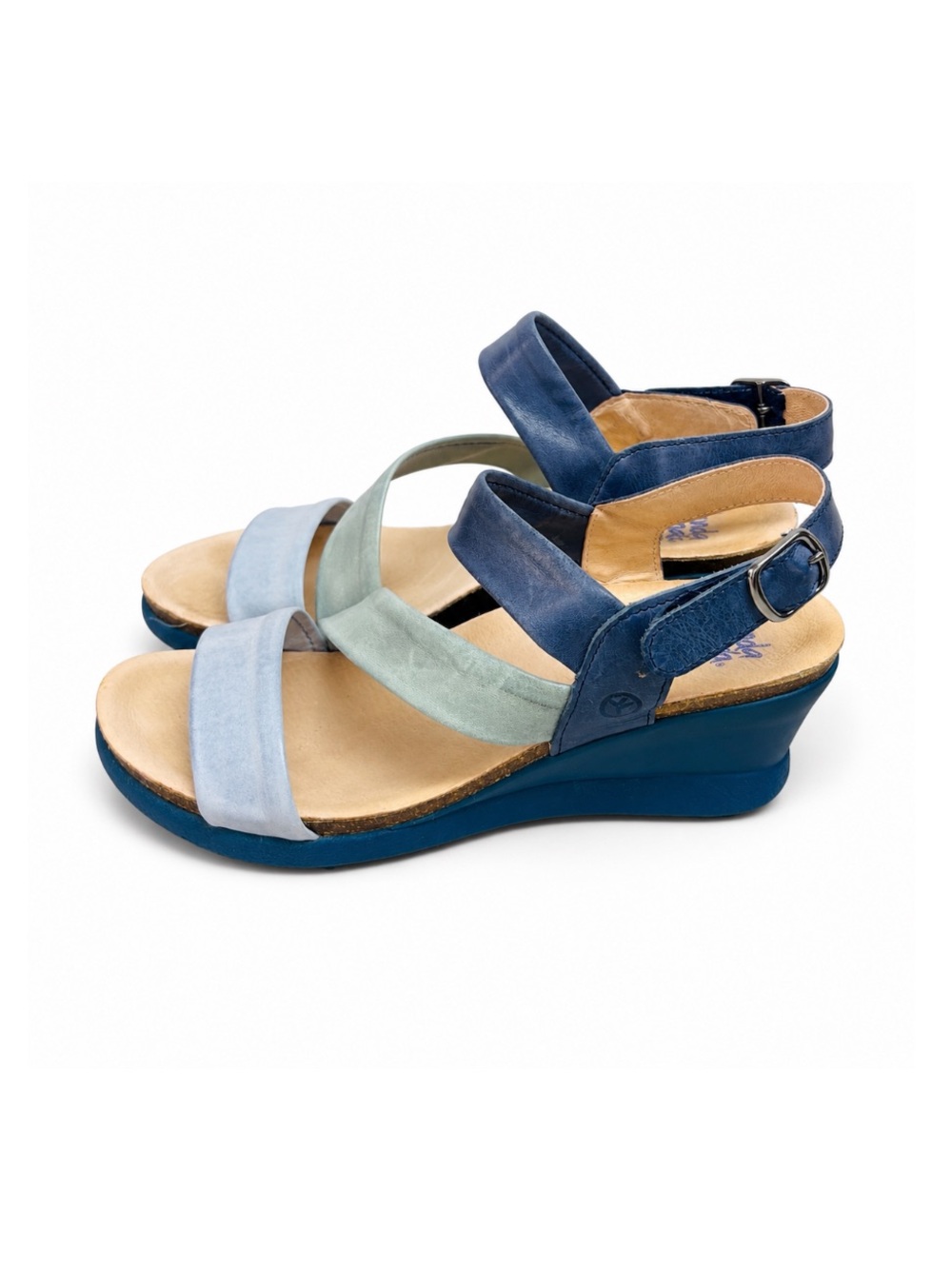 Wanda Panda Leather Wedge Sandals Blue Sz 7.5 Made In Spain‎ Comfort Slingback